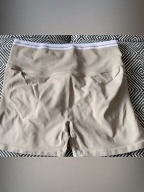 Fabletics Beige High-Waist Seamless Athletic 3” Shorts with White Stripe